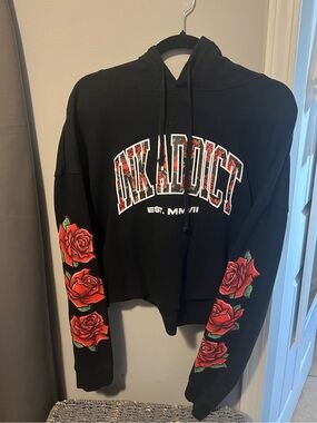Ink Addict Women's Black Hoodie with Red Roses